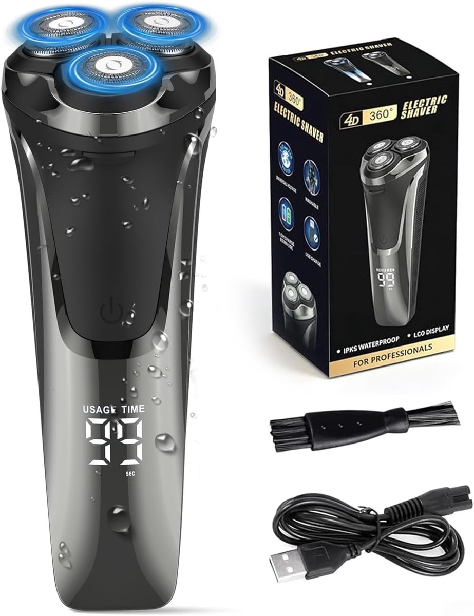 Oplaadbaar Elektrisch Scheerapparaat voor Mannen 4D met LED-scherm – IPX7 Waterdicht Scheerapparaat voor Mannen – Nat & Droog – Draadloos Roterend Scheerapparaat – Baardtrimmer met Inklapbare Trimmer en Reisvergrendeling (Zwart)