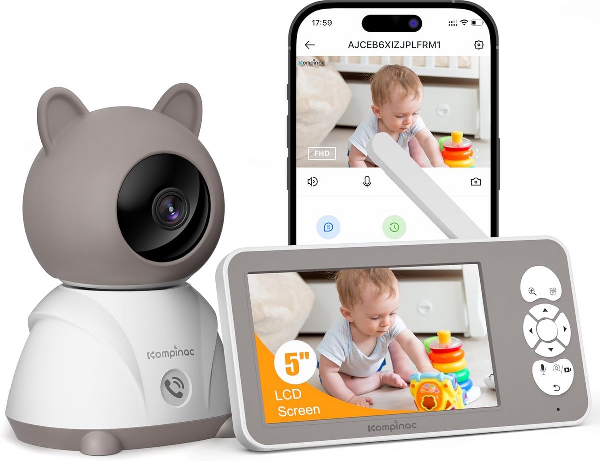 Babycamera met Scherm - Babyfoon Monitor - Baby Bewaken - PTZ Met Nachtzicht - 5 Inch Display - Wit
