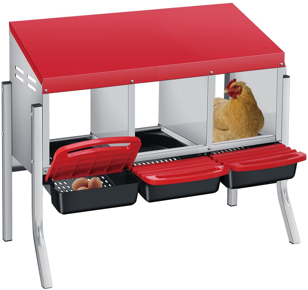 Kippenlegnest - Nistkast voor Kippen - Voor Buiten en Pluimvee - 79,5x30x69,5cm - 3 Afdelingen - Vrijstaand met Poten - Rood