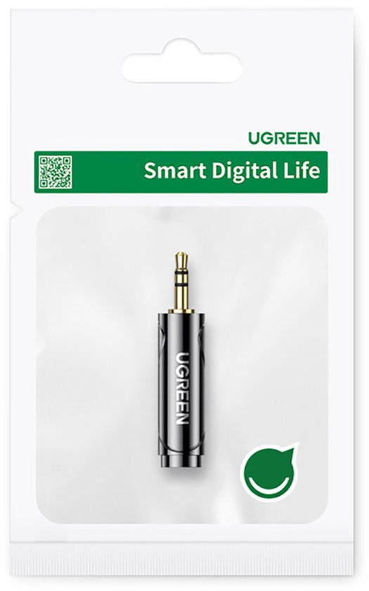 Ugreen audio-adapter in verpakking met 'Smart Digital Life' logo.