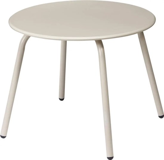Beige rond bijzettafeltje van metaal met vier gebogen poten.