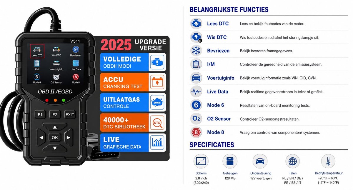 OBD2 Scanner – Auto Diagnoseapparaat – Foutcodes Lezen & Wissen – Check Engine Reset – Live Data – Smog Test (I/M Readiness) – Accuspanning Test – OBDII/EOBD thumbnail 7