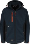 Donkerblauwe softshell werkjas met zwarte zijpanelen en oranje details, waaronder de ritsen.