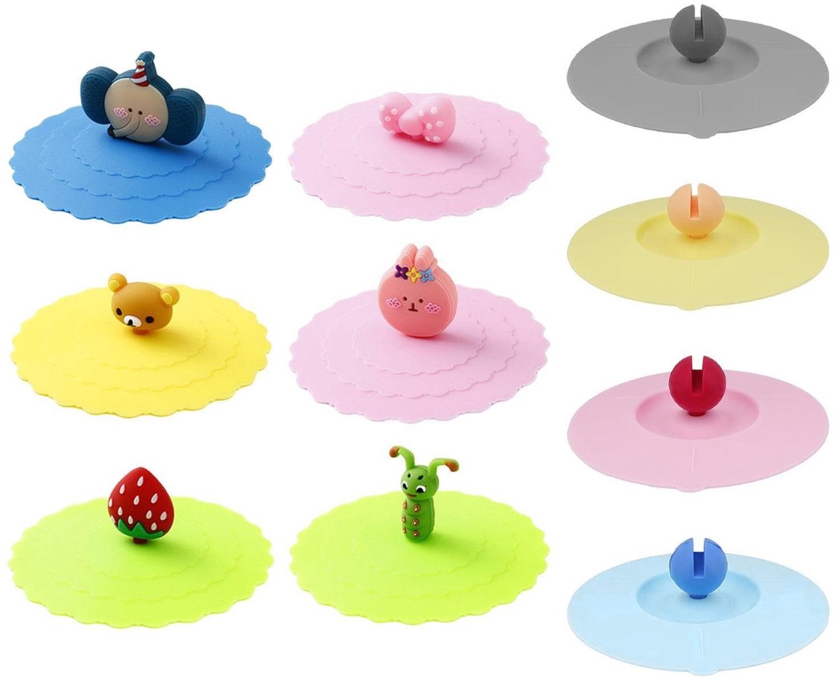 Dailygoods- Siliconen Deksels - 10 Stuks - Stofdicht/Lekvrij - Geschikt Voor Bekers - Duurzaam/TRP Materiaal - Cartoon Handvat Ontwerp - Bekerdeksel