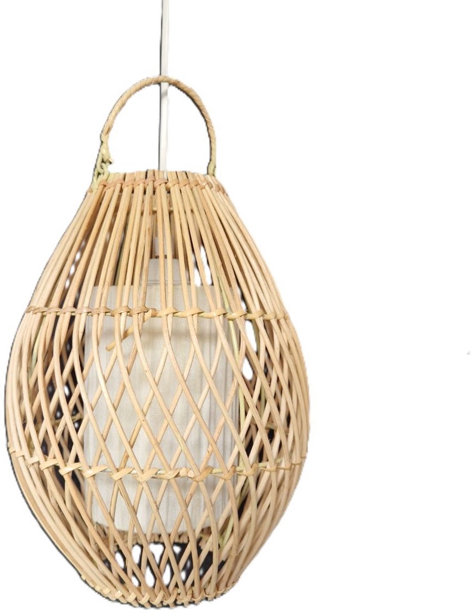 MigoStyling - Hanglamp - Riet/Rotan - Handgemaakt - Naturel - Dia 20 cm - Witte lampenpendel - Sfeervol - Binnenvoering
