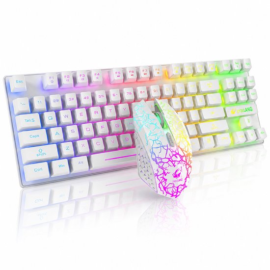 Wit gaming toetsenbord en muis met RGB-verlichting en regenboogmotief. QWERTY.