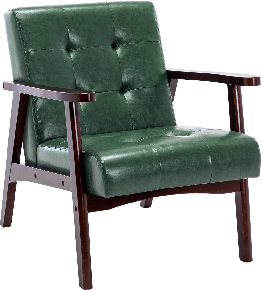 Enkele Houten Armstoel – Donkergroen – Comfortabele Fauteuil met Zachte Kussens, Stevig Houten Frame voor Woonkamer & Balkon – Eenvoudige Montage
