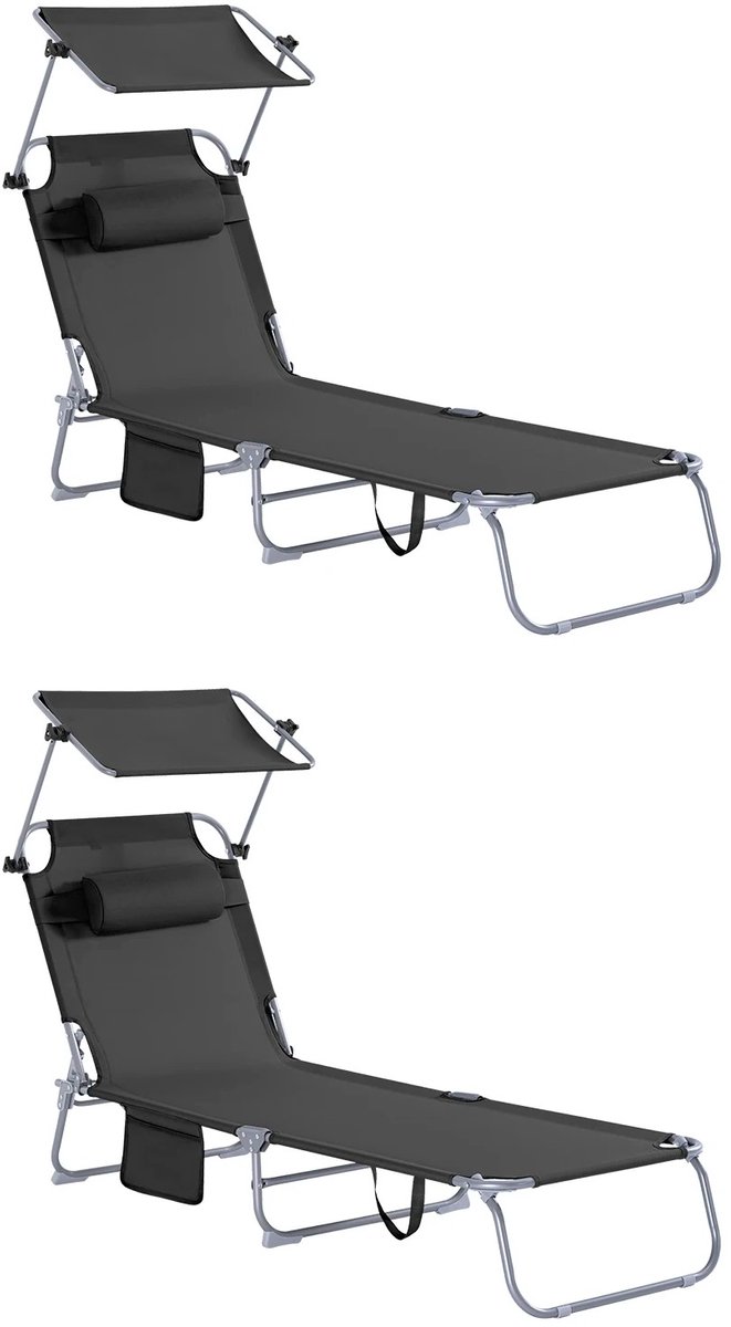 Geargalaxy Ligstoel Set - Tuinligstoel - Zonnestoel - Strandstoel - Relaxstoel - Klapstoel - 2-delig - Met Zonnedak - Zwart