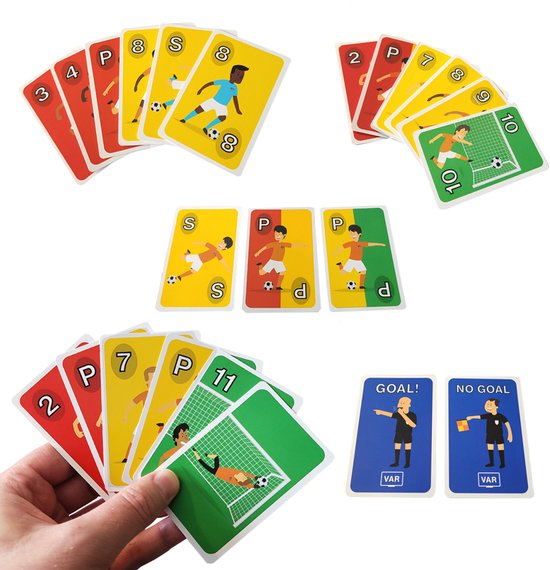 Verschillende speelkaarten met voetbalthema, waaronder kaarten met spelers, een keeper en VAR-kaarten.