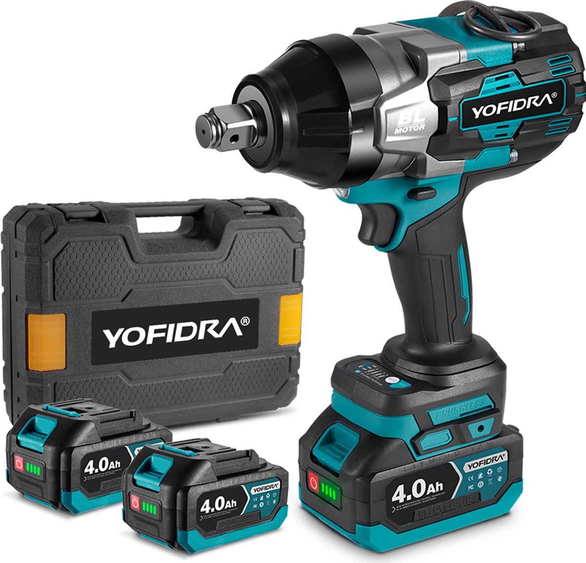 Yofidra Accu Slagmoersleutel - 3300 Nm Borstelloze Slagmoersleutel - 3/4" Vierkante aandrijving - met 2x4.0AH batterijen - Voor Auto, Vrachtwagen en zware projecten