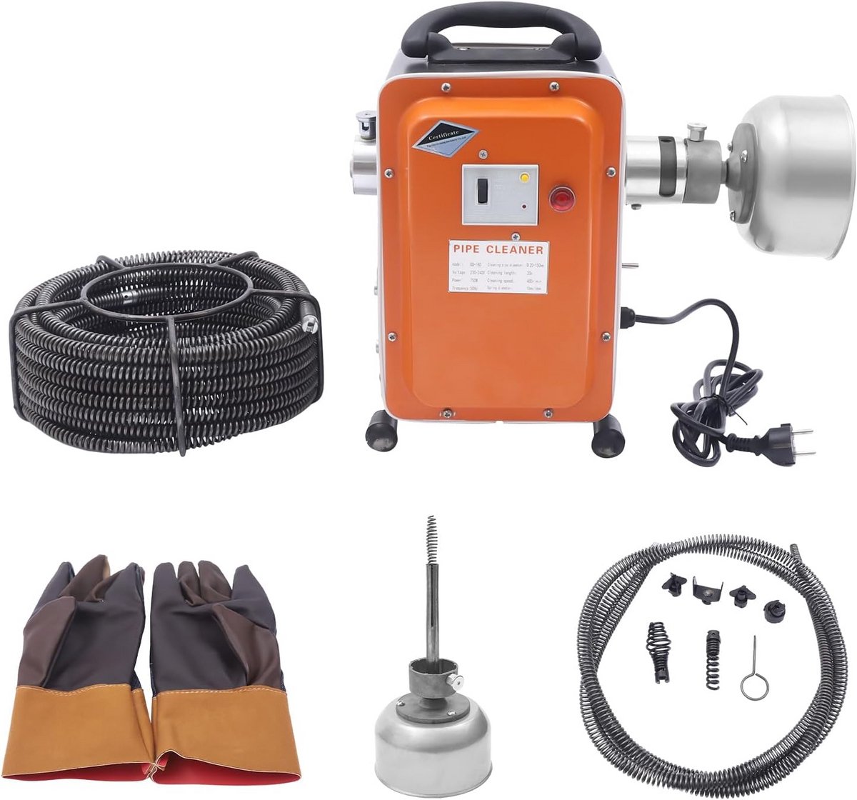 Buisreinigingsmachine - Pijpenreiniger Elektrisch - Afvoer Ontstoppen - 750W Puur Koper Motor - 20 Meter Lengte - Oranje