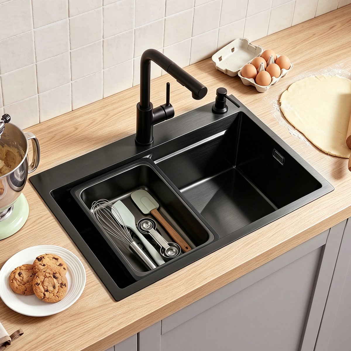 Oraymin Zwarte RVS Spoelbak 70x46 cm - Enkele Opbouw Keukenspoelbak met Overloop