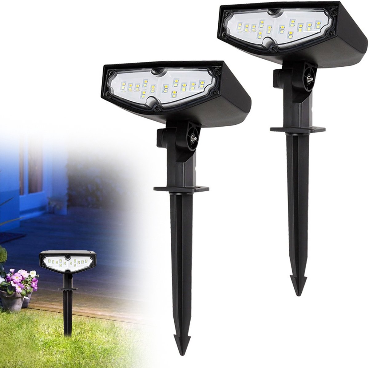C18 Solar-grondspots - 2 stuks – Solar-gazonverlichting – Buitenverlichting voor villa's en tuinen – Slimme lichtsensor – Waterdichte verlichting voor tuinpaden en binnenplaatsen – CE-gecertificeerd - Zwart