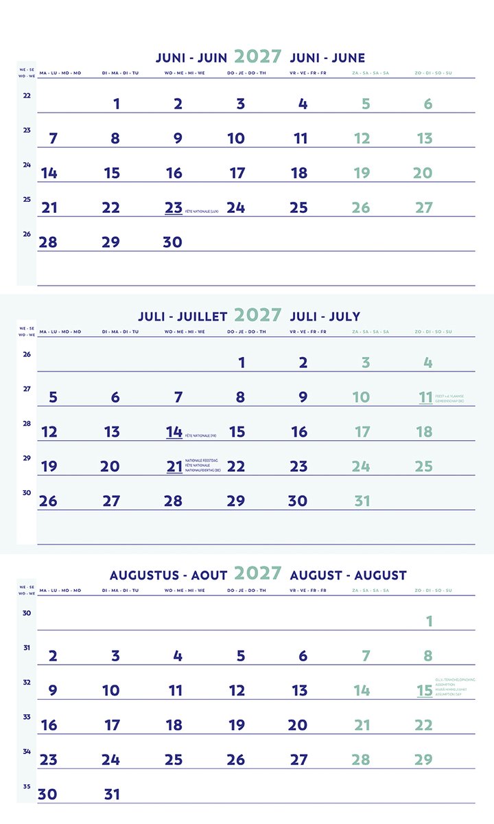Brepols Driemaandskalender 2027 [1.854] - 3 Maanden - 30 x 60 cm