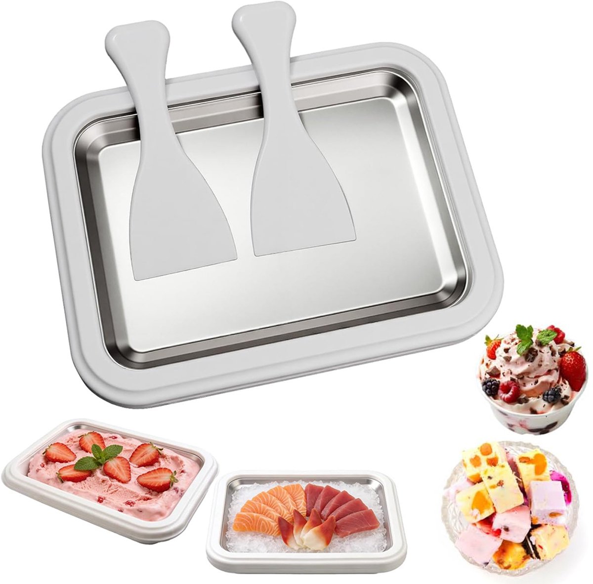 IJsrolmaker set - DIY ijsfriteuseplaat - Mini ijsmaker voor thuis - Niet-elektrische roestvrijstalen ijsfriteuse - Inclusief 2 schrapers - Compact formaat - DIY ijsrolkom voor kinderen en volwassenen - Wit