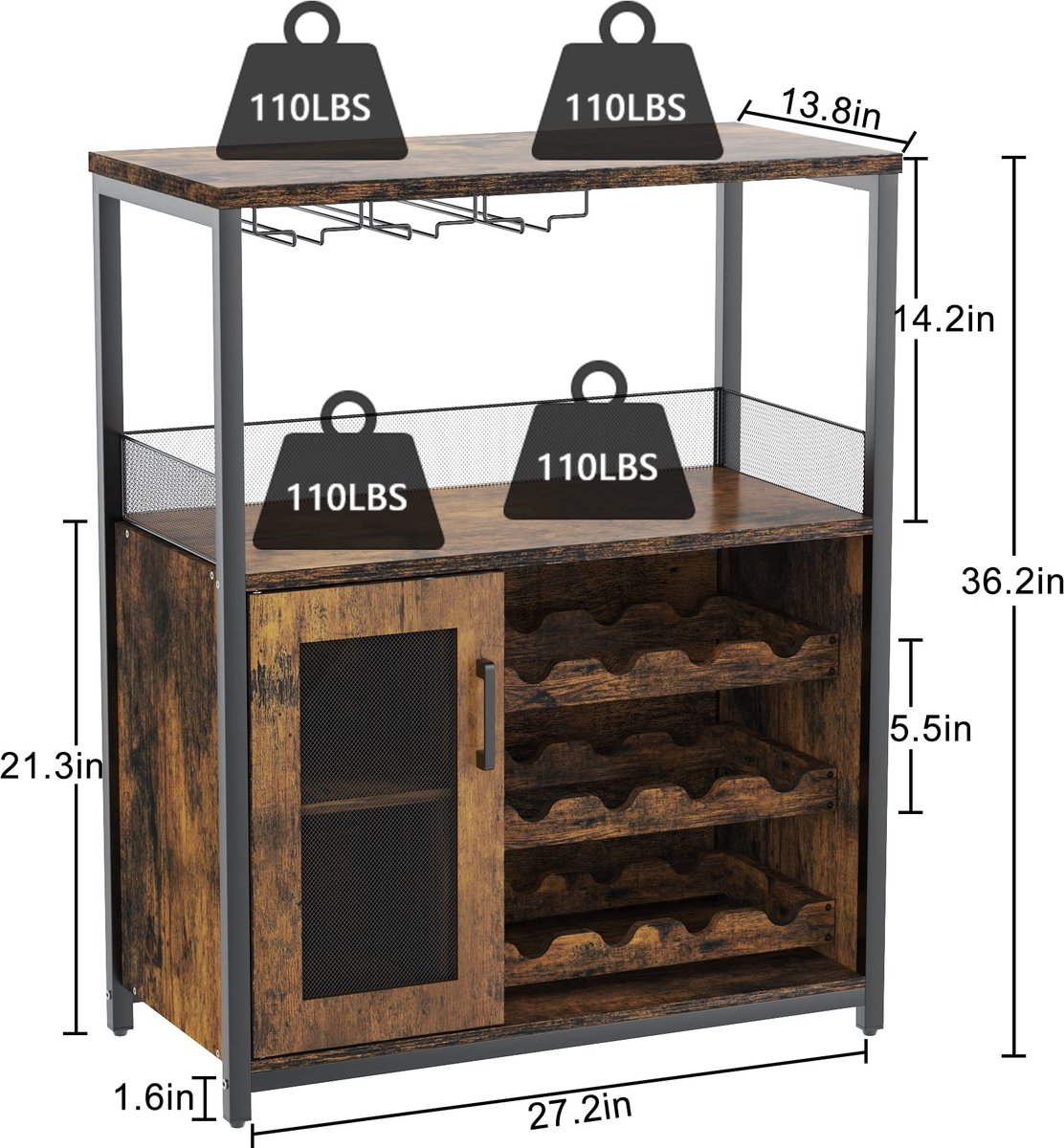 Triumpunpre Wijnkast - Vrijstaande Bar Kast met Wijnrek voor 16 Flessen, Glashouder en Mesh Deur - 72x35x90 cm - Wijnkabinet met Verstelbare Schappen - Retro Stijl Wijnmeubel voor Woonkamer, Keuken, Eetkamer – foto 2