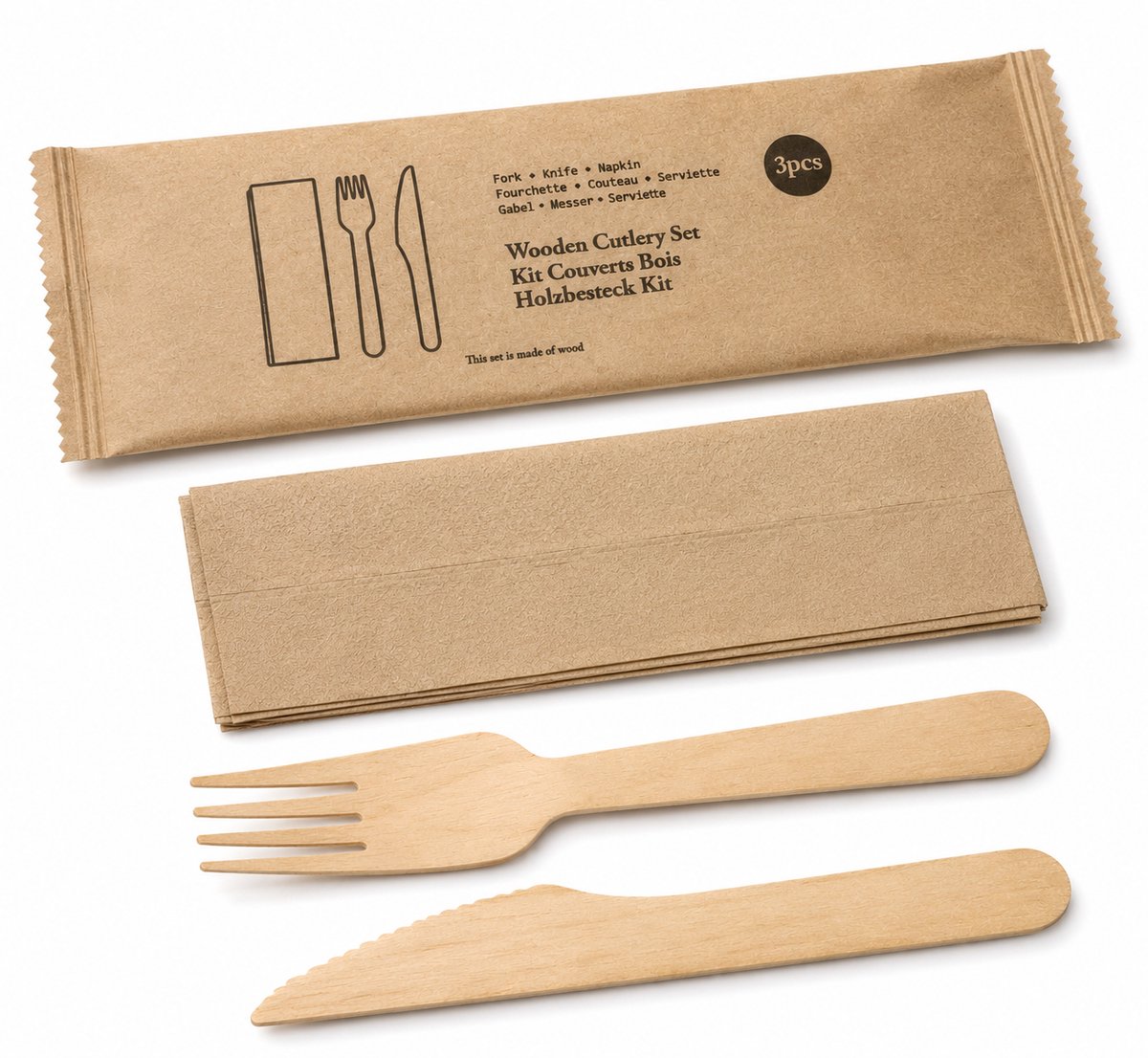 Pomebio houten bestekset - 3 in 1 (mes, vork, servet) bestekzakje - 100 st