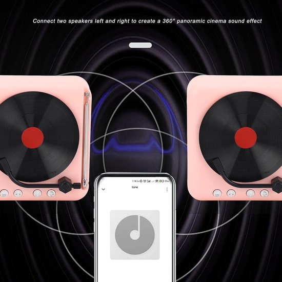 BT5.0 stereoluidspreker, retro platenspeler design, 1200mAh batterij, roze — afbeelding 2