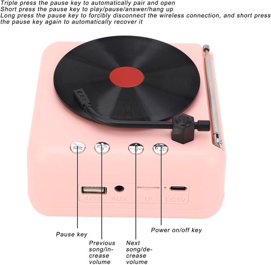 BT5.0 stereoluidspreker, retro platenspeler design, 1200mAh batterij, roze — afbeelding 5