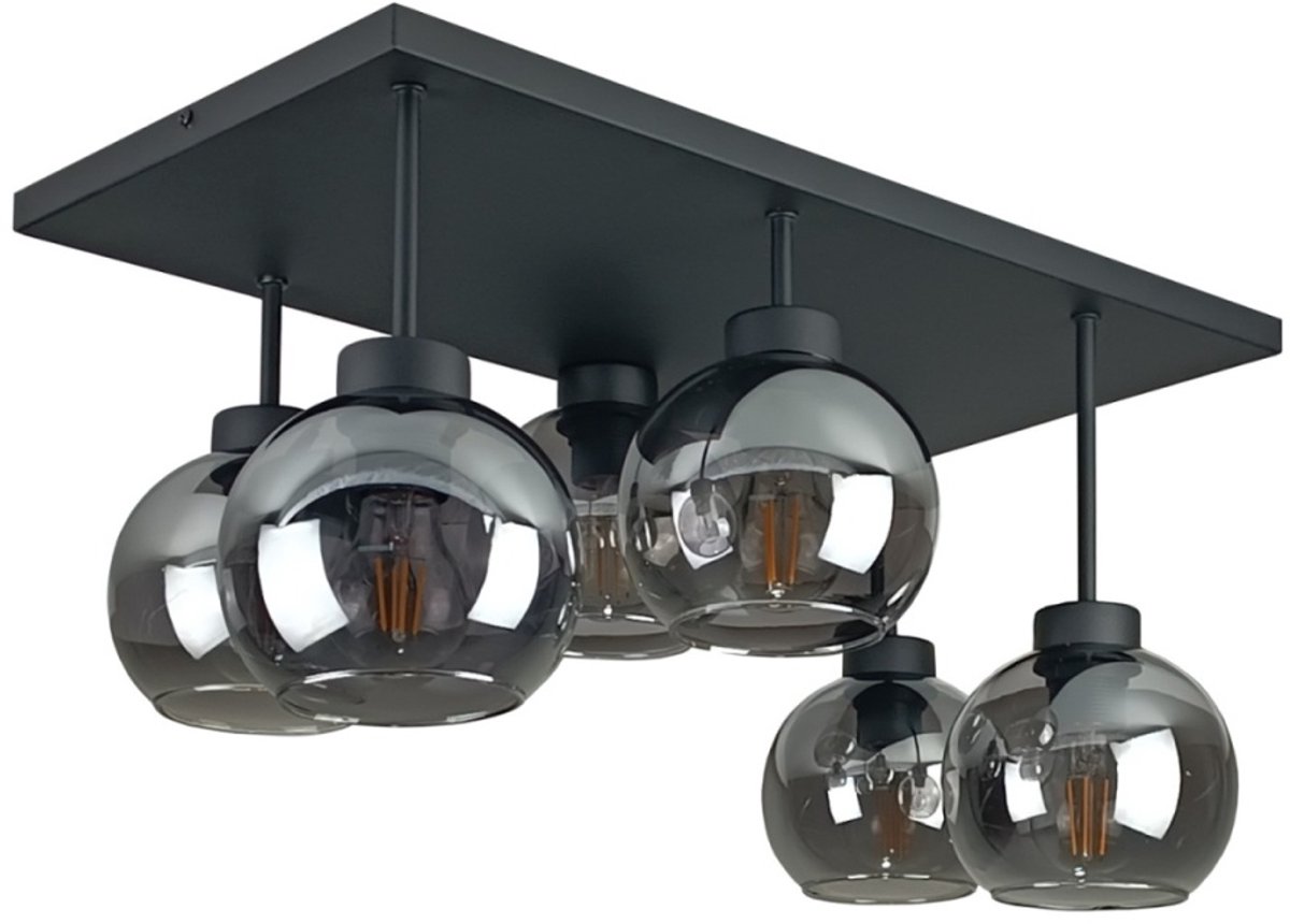KETER LIGHTING Nessa Black Smoky Plafondlamp 6xE27 – Zwart Metaal & Rookglazen Lampenkappen