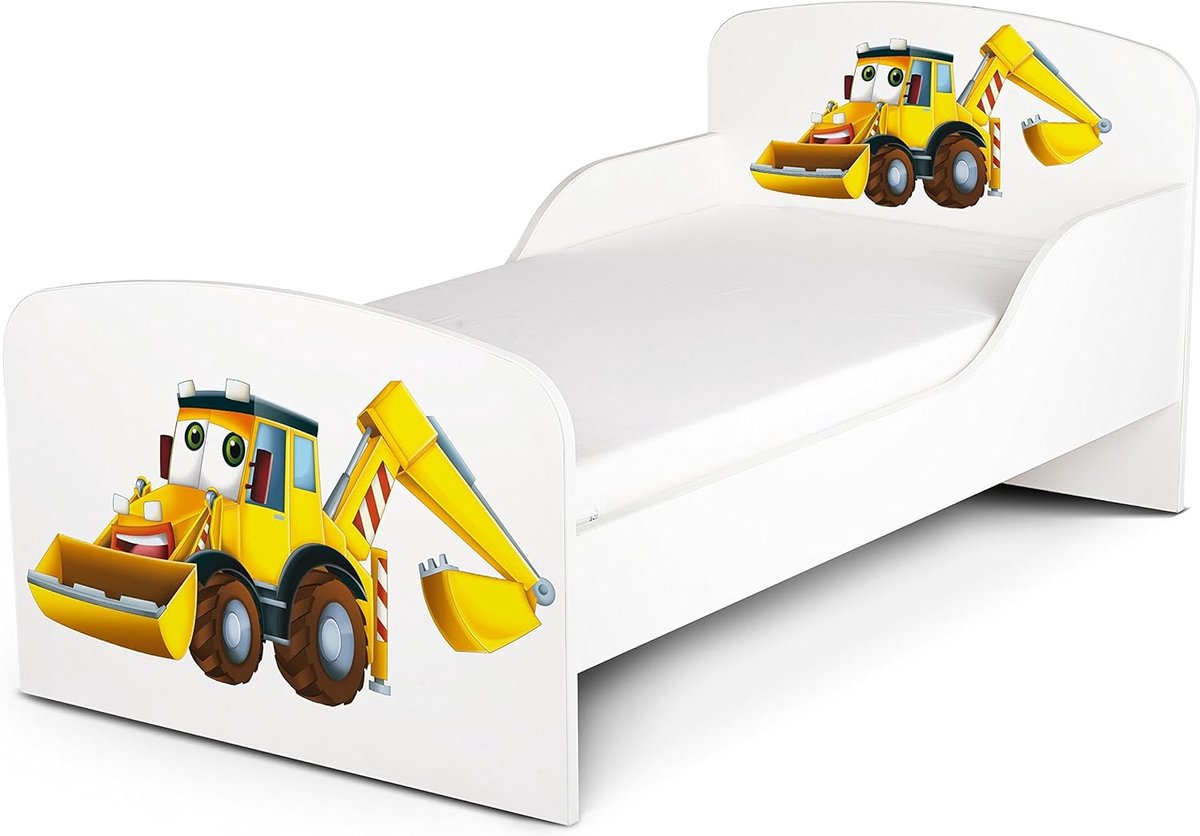 Kinderbed met matras - Houten ledikant - Veilige slaapplek - Unieke UV-druk - 140x70 cm - Graafmachine