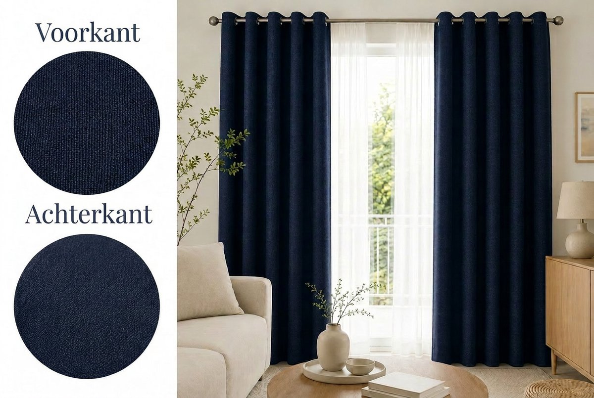 Kant-en-klare 100% Verduisterende Blackout & Thermische Gordijnen met Ringen – 140x300 CM – Blauw – Linnenlook – Everyday Elegance Elite Series