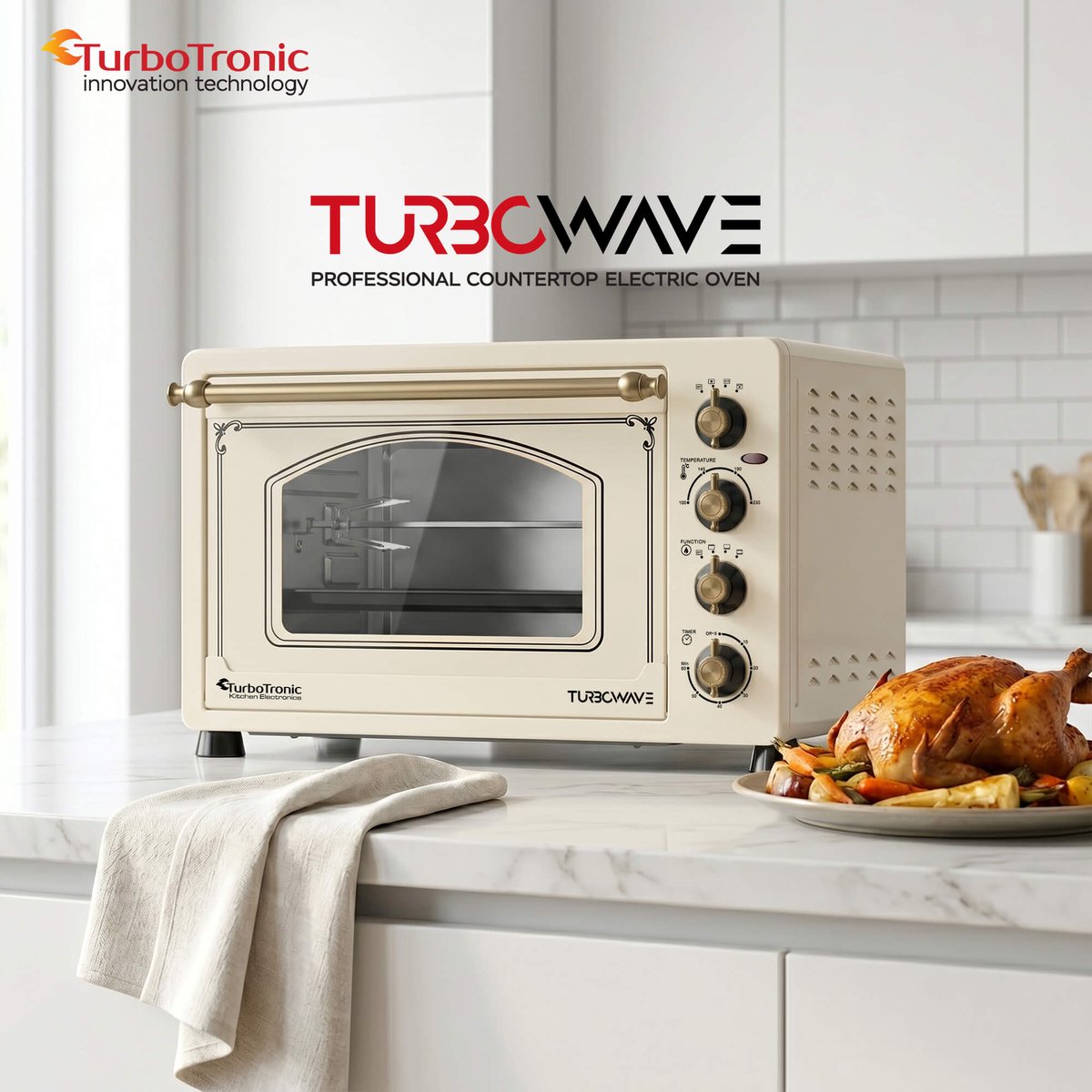 TurboTronic R45 Vrijstaande Oven – Retro Stijl – 45 Liter Mini Oven – 2000W – Inclusief Draaispit en Bakplaten – Beige – foto 3