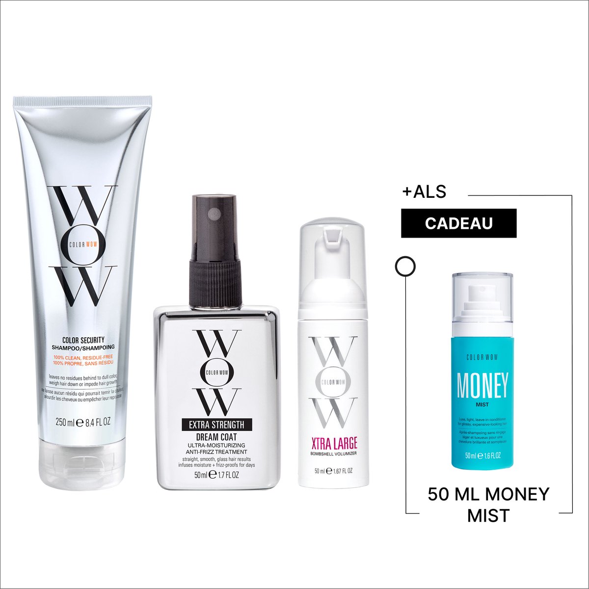 Color Wow Color Trio - Security Shampoo 250ml + Color Wow Extra Strength Dream Coat 50ml +Xtra Large Bombshell Volumizer 50ml & Money Mist 50 ml cadeau - Anti-pluis stylingverzorging - Voor fijn, futloos of extreem pluisgevoelig haar