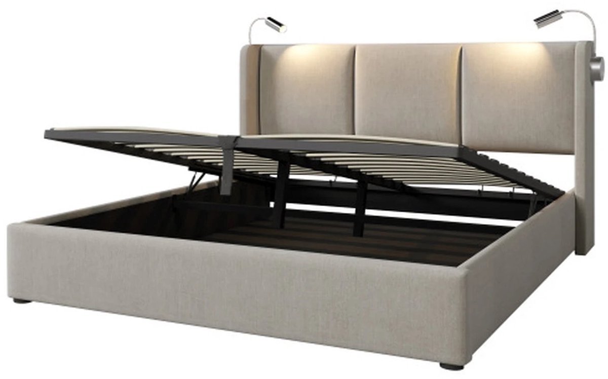 Tweepersoonsbed 140x200cm met opbergruimte en leeslamp met USB-oplaadfunctie - Beige linne