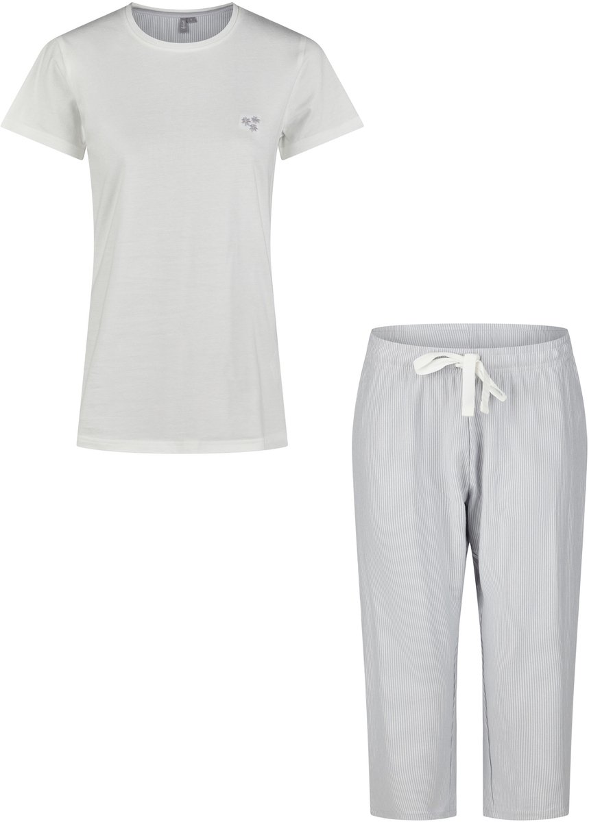 By Louise Dames Capri Pyjama Driekwart Wit/Blauw Gestreept - Maat L
