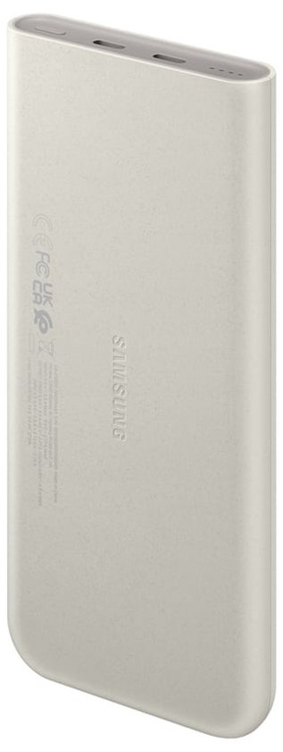 Achterkant van de lichtgrijze powerbank met Samsung logo en certificeringen.