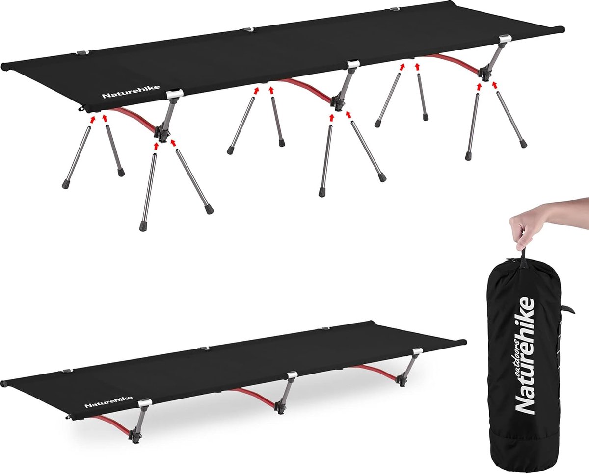Opklapbed - Kampeerbed Veld - Outdoor slapen - In hoogte verstelbaar - 190 x 65 cm - Zwart