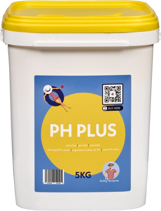 Witte emmer met gele deksel, voorzijde met blauw label met "PH PLUS 5KG" en illustraties van een zon en personages in badkleding.