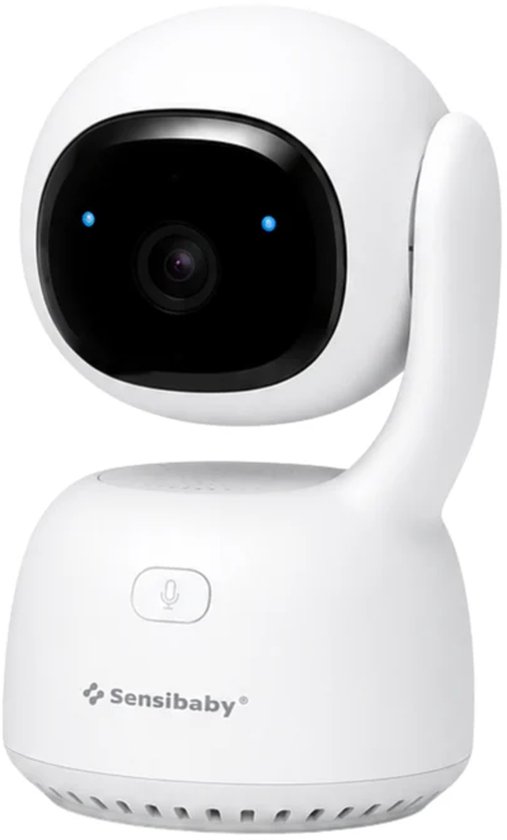 Witte Sensibaby babyfoon camera met een zwart camerahuis en blauwe LED-lampjes.