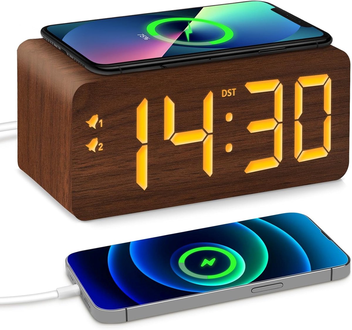 Houten Digitale Wekker - LED Klok - Opladen & Wakker Worden - Traploze Dimmer - 16.5 x 6 cm - Houtkleur