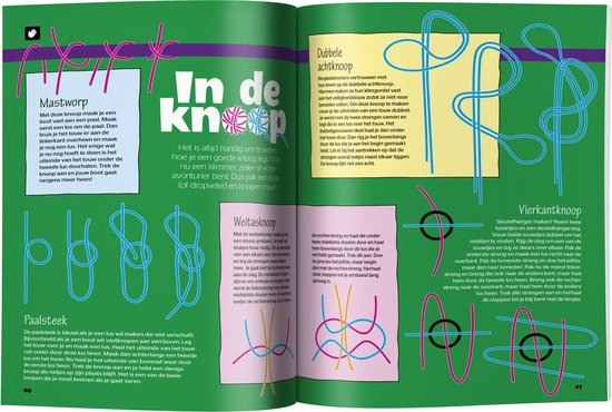 Quest Junior pagina met illustraties van verschillende knopen, zoals mast-, paalsteek- en platte knopen.