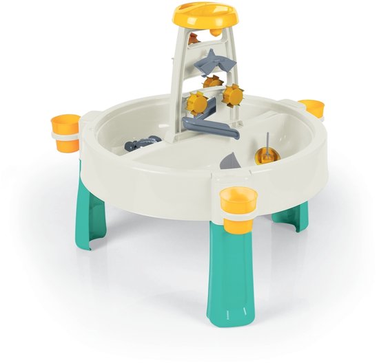 Zand- en watertafel met witte bak, gele waterbakjes en turquoise poten.