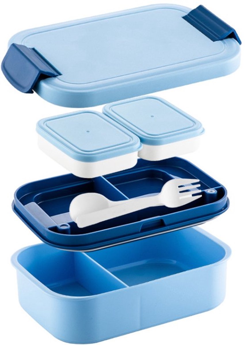 Lunchbox - Bentobox - inclusief bestek - 23*15*8cm - lunchboxen - Broodtrommel - lunchbox met vakjes - 5 compartimenten - geschikt voor uit eten gaan - werk en picknicks - magnetron - vaatwasser - en vriezerbestendig - Blauw