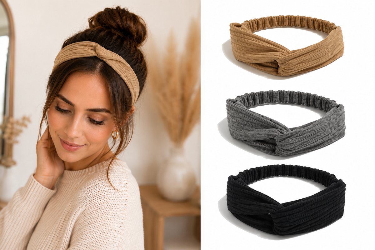 3 stuks - Gebreide dames haarbanden dames - zwart - donkergrijs - licht bruin | knoop cross knitted haarbanden - Meiden - tieners - dames