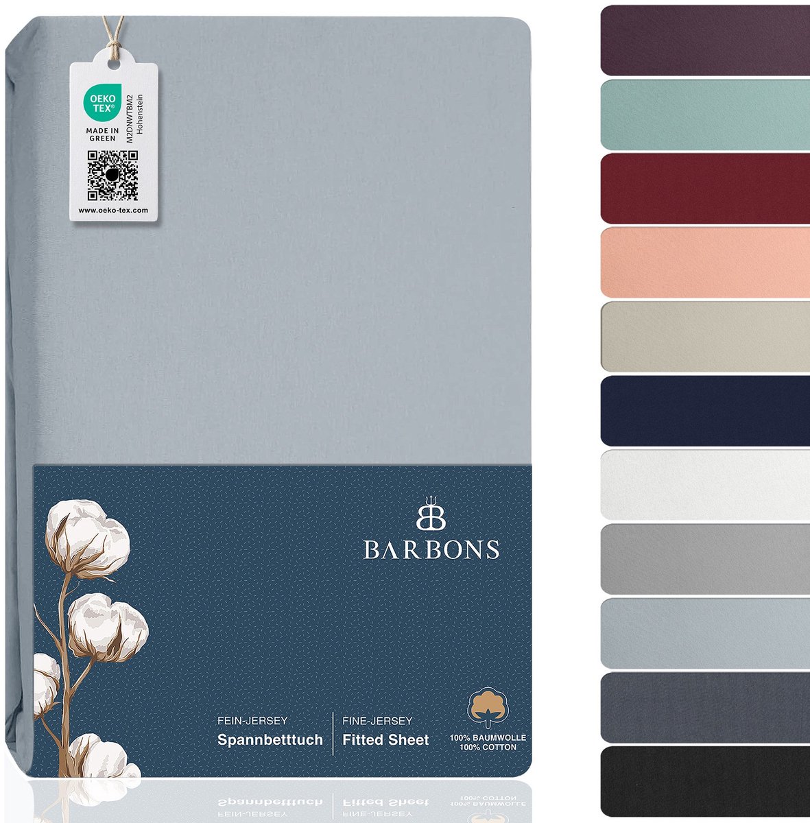 BARBONS hoeslaken 140 x 200 - hoeslakens Jersey 145 g/m² - 100% katoen - lichtblauw
