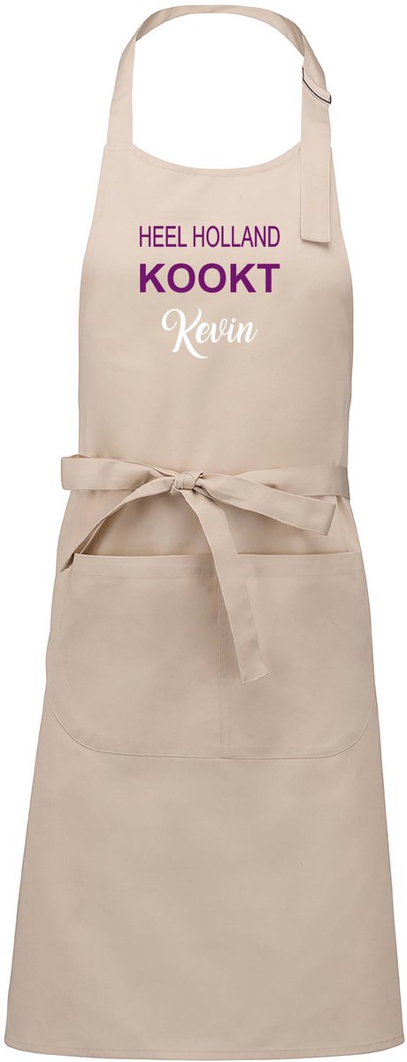 Exclusieve keukenschort - Heel Holland Bakt - beige - met voornaam - opdruk Paars - naam in wit