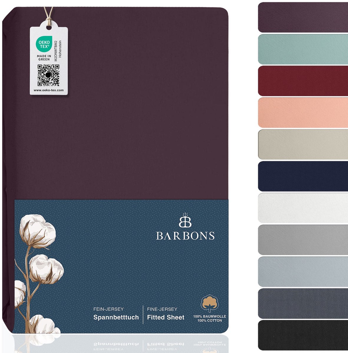 BARBONS hoeslaken 160x200 - hoeslakens Jersey 145 g/m² - 100% katoen - aubergine