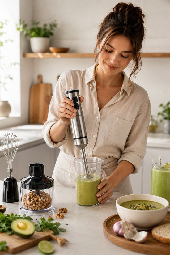 Swiss Haus® HBS22 3-in-1 Staafmixer - 1500W - RVS Hadnblender + Hakmolen 600ml + Klopper - 12 Snelheden + Turbo - Titanium 4 Bladenmes - Zermatt Glacier Collection van Merkloos — afbeelding 4