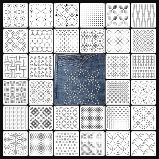 Sashiko sjablonen - 32 Stuks - Borduursjablonen - PET - Borduurpatronen - Handborduurpatronen - Naaiaccessoires - Sjabloon met geometrische sashiko borduurpatronen - voor tekenen,handquilten - 13*13CM