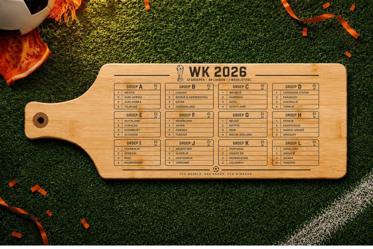 WK 2026 Borrelplank XL 60x17 cm – Houten Voetbal Borrelplank met Wereldkampioenschap Poules