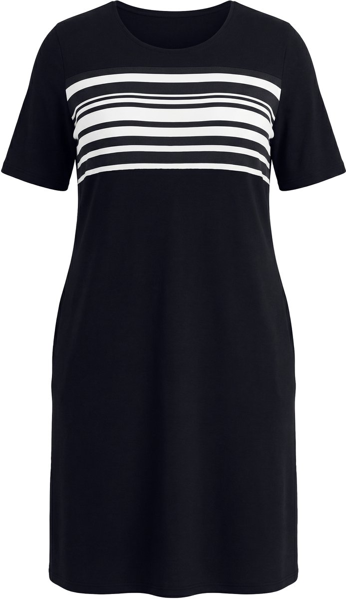 Ulla Popken Dames - Jersey jurk gestreepte inzet ronde hals korte mouwen - Zwart - Maat 62+