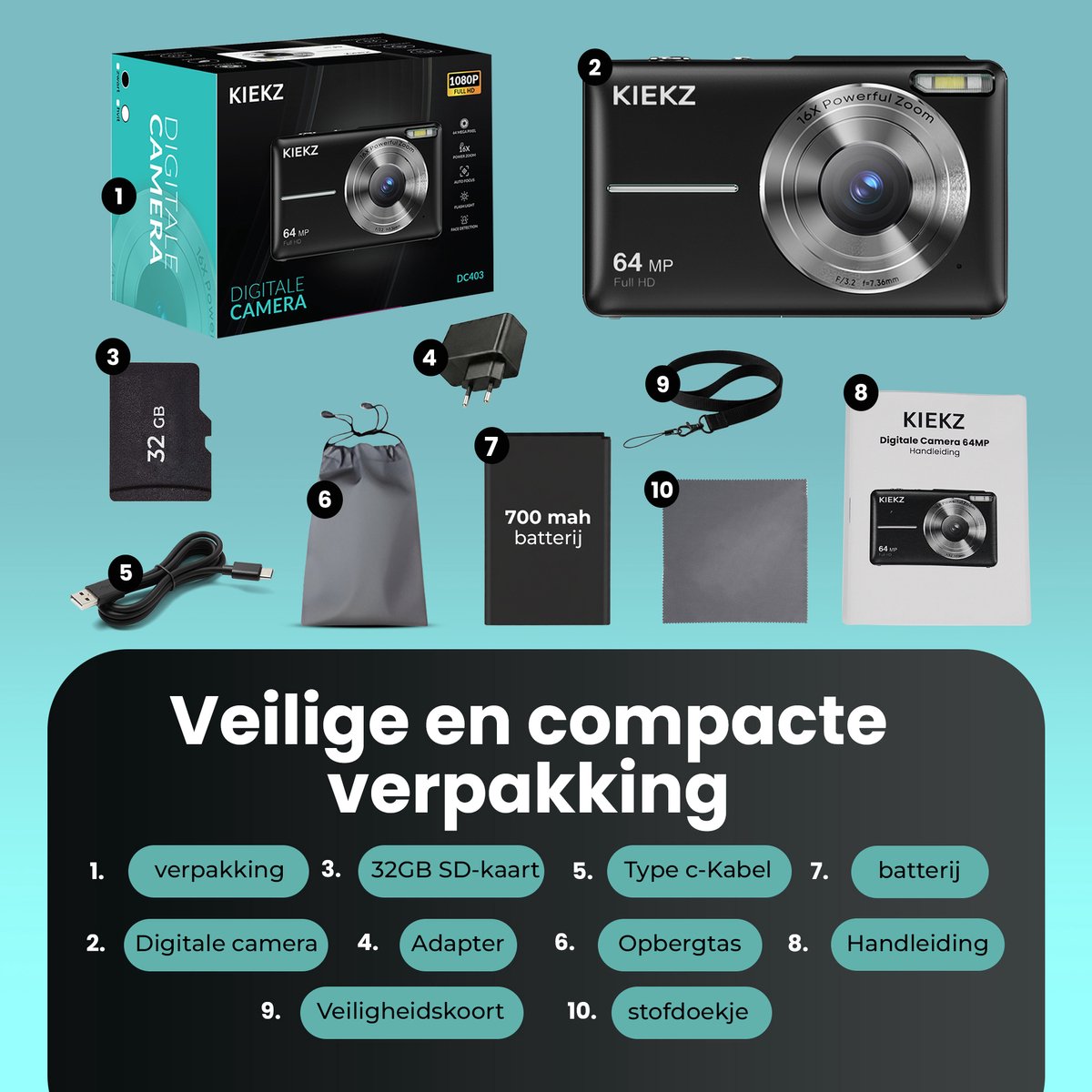Kiekz Digitale Camera 64MP - Fotocamera Full HD - Compact Camera - Fototoestel - Autofocus - Ideaal voor Kinderen en Beginners - Inclusief 32GB SD Kaart - Zwart – foto 6
