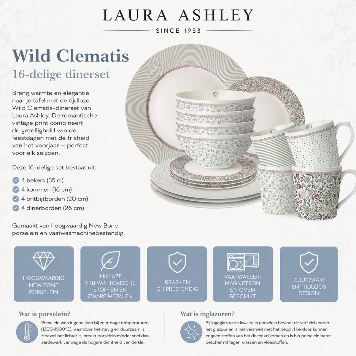 Laura Ashley Wildclematis Serviesset - Servies - Dinnerset Giftset 16 Delig