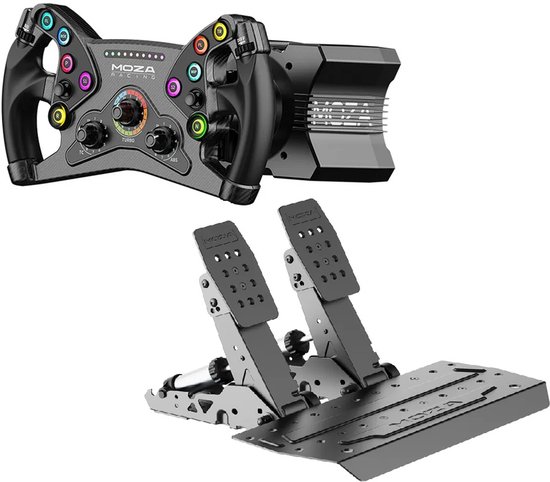 Zwarte MOZA R9 V3 wheel base met pedalen. Het stuur heeft een carbon fiber look, gekleurde knoppen en een display.