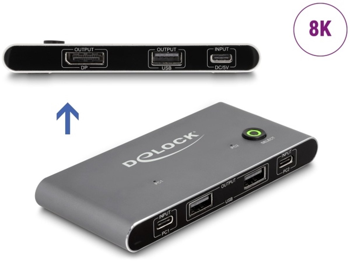 Delock USB-C™ KVM Switch to DisplayPort 8K 30 Hz with USB 2.0